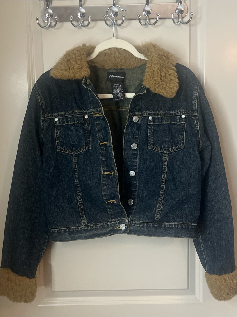 Y2K No Boundaries Dark Blue Denim Jacket with Tan Sherpa Trim
